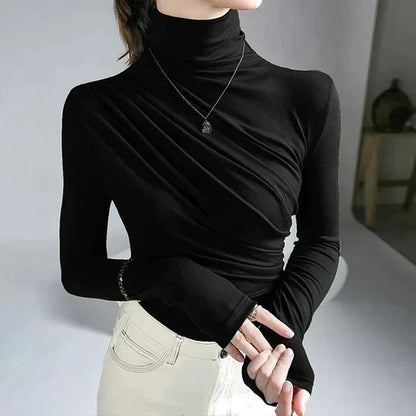 Women's Roll Neck Blouse – Elegant Pleated Top for Casual and Office Wear