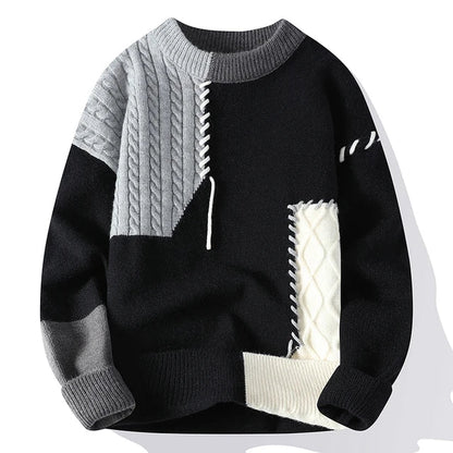 Men's Pullover Sweater – Stylish Patchwork Design, Warm Knit for Casual Wear