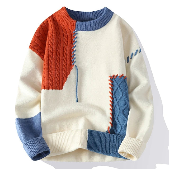 Men's Pullover Sweater – Stylish Patchwork Design, Warm Knit for Casual Wear