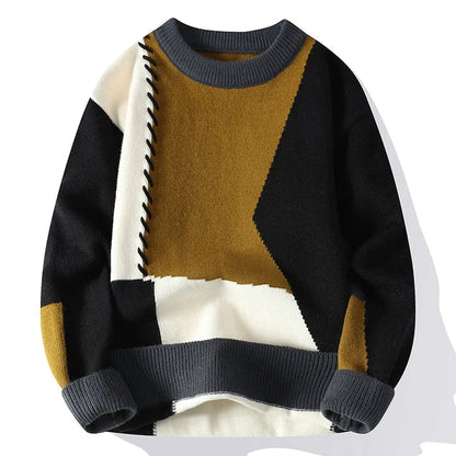 Men's Pullover Sweater – Stylish Patchwork Design, Warm Knit for Casual Wear