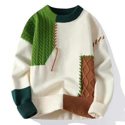 Men's Pullover Sweater – Stylish Patchwork Design, Warm Knit for Casual Wear