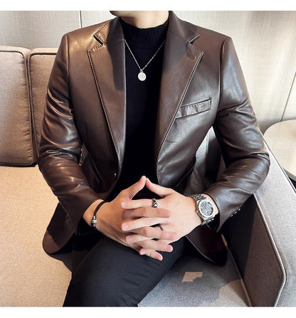 Men's Leather Blazer – Stylish Buttoned Jacket for Formal and Casual Wear