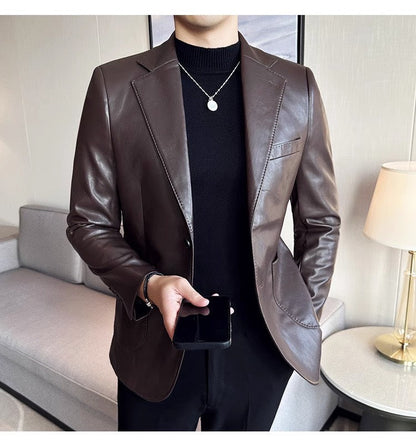 Men's Leather Blazer – Stylish Buttoned Jacket for Formal and Casual Wear