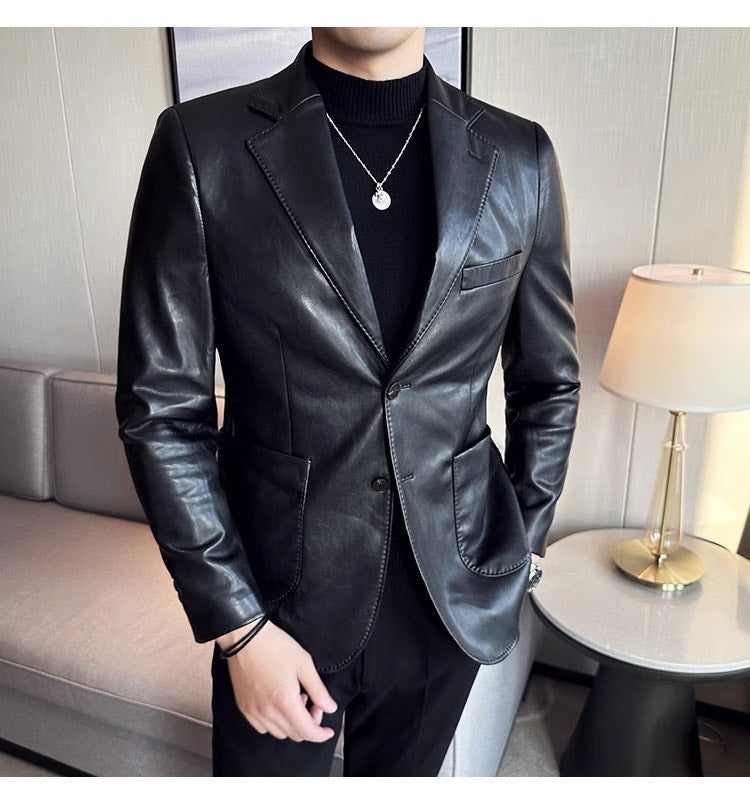 Men's Leather Blazer – Stylish Buttoned Jacket for Formal and Casual Wear