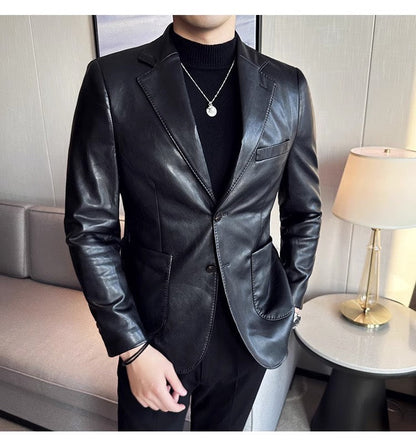 Men's Leather Blazer – Stylish Buttoned Jacket for Formal and Casual Wear