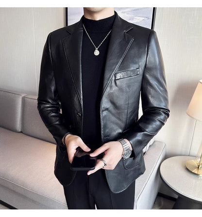 Men's Leather Blazer – Stylish Buttoned Jacket for Formal and Casual Wear