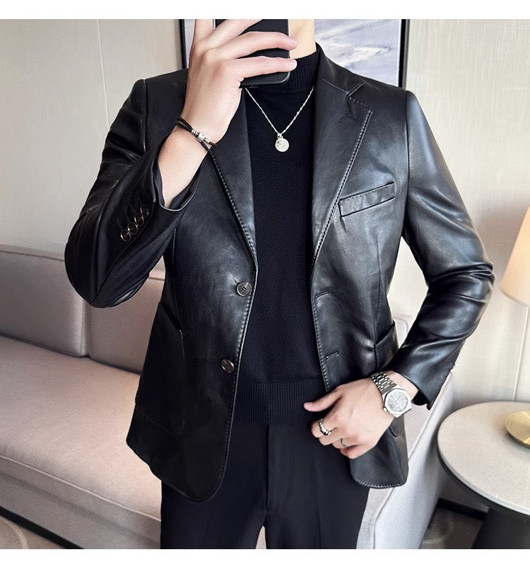 Men's Leather Blazer – Stylish Buttoned Jacket for Formal and Casual Wear