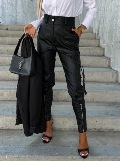 Leather Trousers for Women – Stylish Cargo Pants with Pockets for Casual Wear